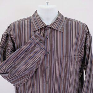 Pronto Uomo XXL Non Iron‎ Brown Blue Striped Pocket Front Collared Dress Shirt